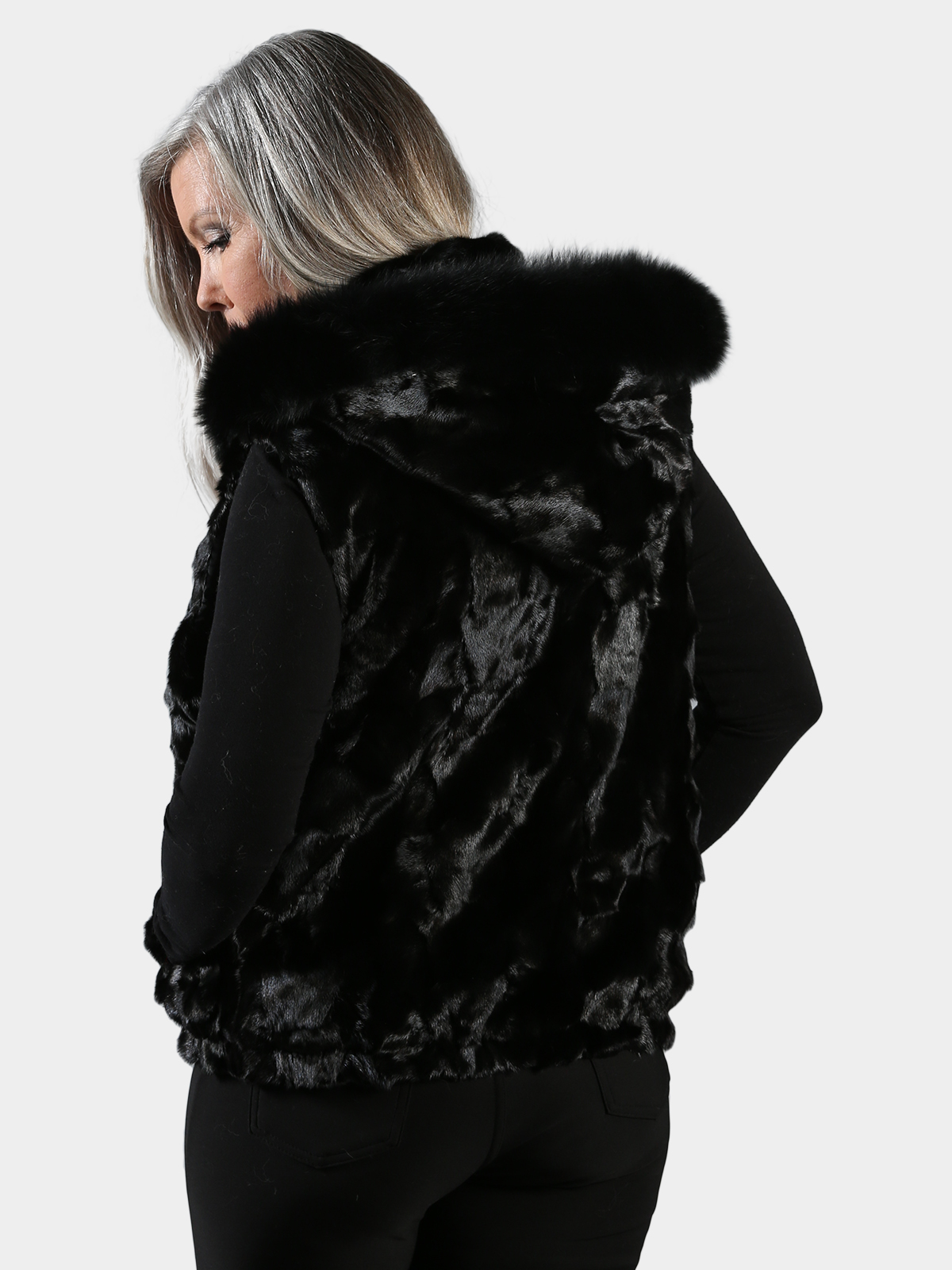 Woman S Black Diamond Mink Fur Vest With Dyed To Match Fox Trimmed Hood