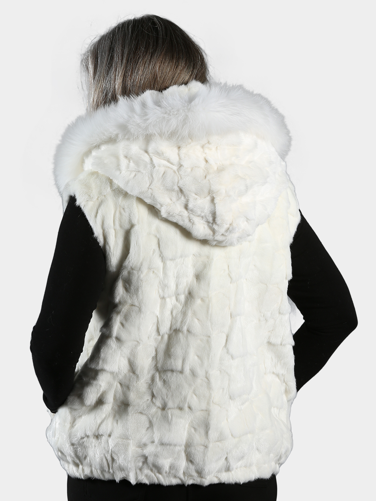 Woman S White Diamond Mink Fur Vest With Dyed To Match Fox Trimmed Hood