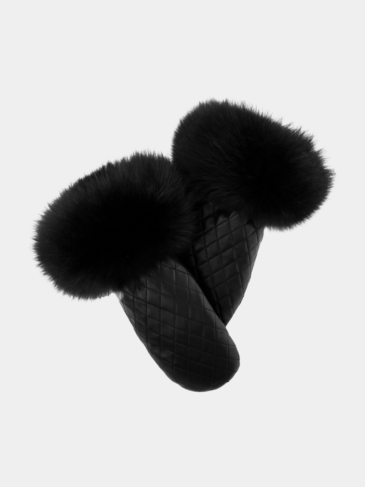 Women's Black Quilted Leather Mittens with Dyed Black Fox Trim