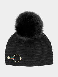 Women's Black Knit Hat with Ring Tab and Fox Pom Pom