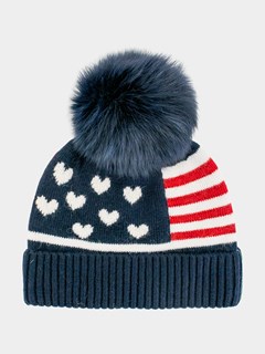 Woman's American Flag Knit Hat with Fox Pom Pom