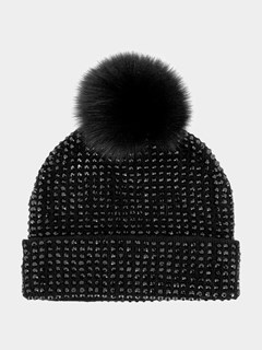 Woman's Black Knit Hat with Crystals And Fox Pom Pom