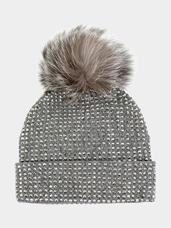 Woman's Charcoal Knit Hat with Crystals and Fox Pom Pom