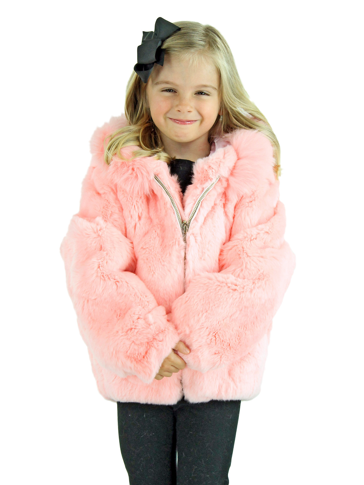 Kid's Pink Rex Rabbit Fur Jacket with Hood - Kid's Fur Jacket - Large ...