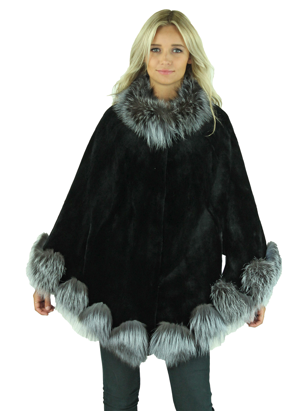 Black Sheared Mink Fur Cape With Silver Fox Trim Day Furs