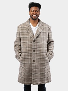 Man's Wool and Cashmere Blend Tan and Brown Plaid 3/4 Coat