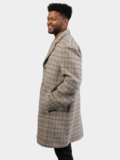 Man's Wool and Cashmere Blend Tan and Brown Plaid 3/4 Coat