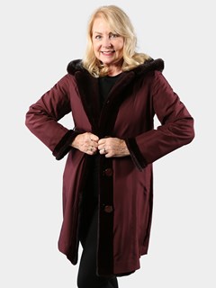 Woman's Burgundy Sheared Mink Fur Parka Reversible to Rain Taffeta