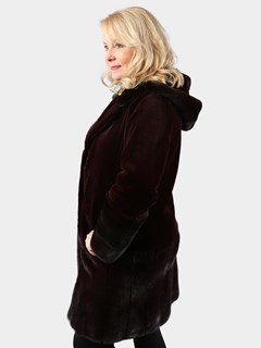 Woman's Burgundy Sheared Mink Fur Parka Reversible to Rain Taffeta