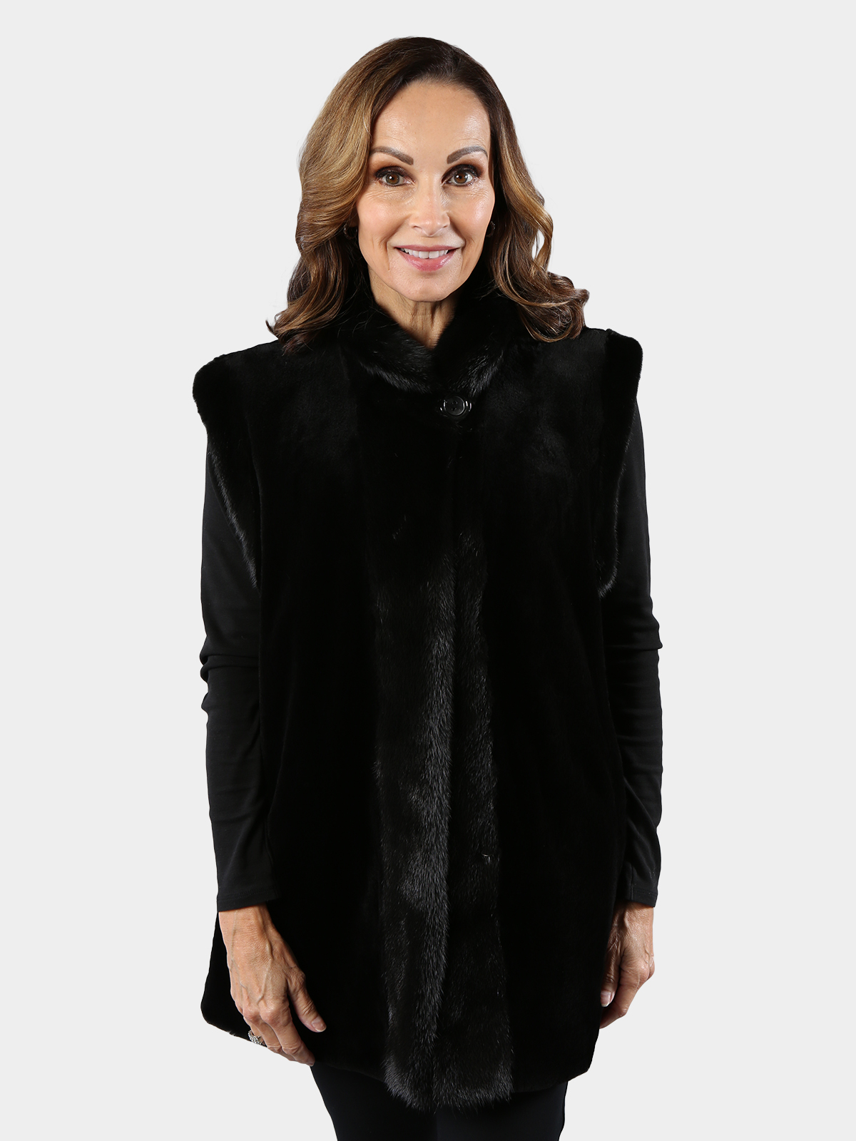 Women's Black Sheared Mink Fur Vest Reversible to Rain Taffeta Day Furs