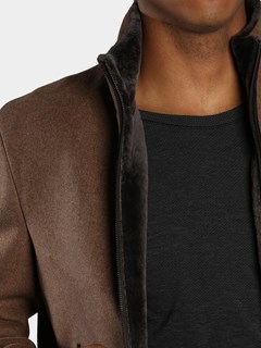 Man's Camel Fabric Jacket with Brown Shearling Lamb Lining