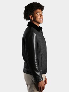 Man's Black Fabric and Leather Jacket With Black Shearling Lining