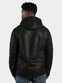 Man's Black Textured Eclipse Design Shearling Jacket with Hood