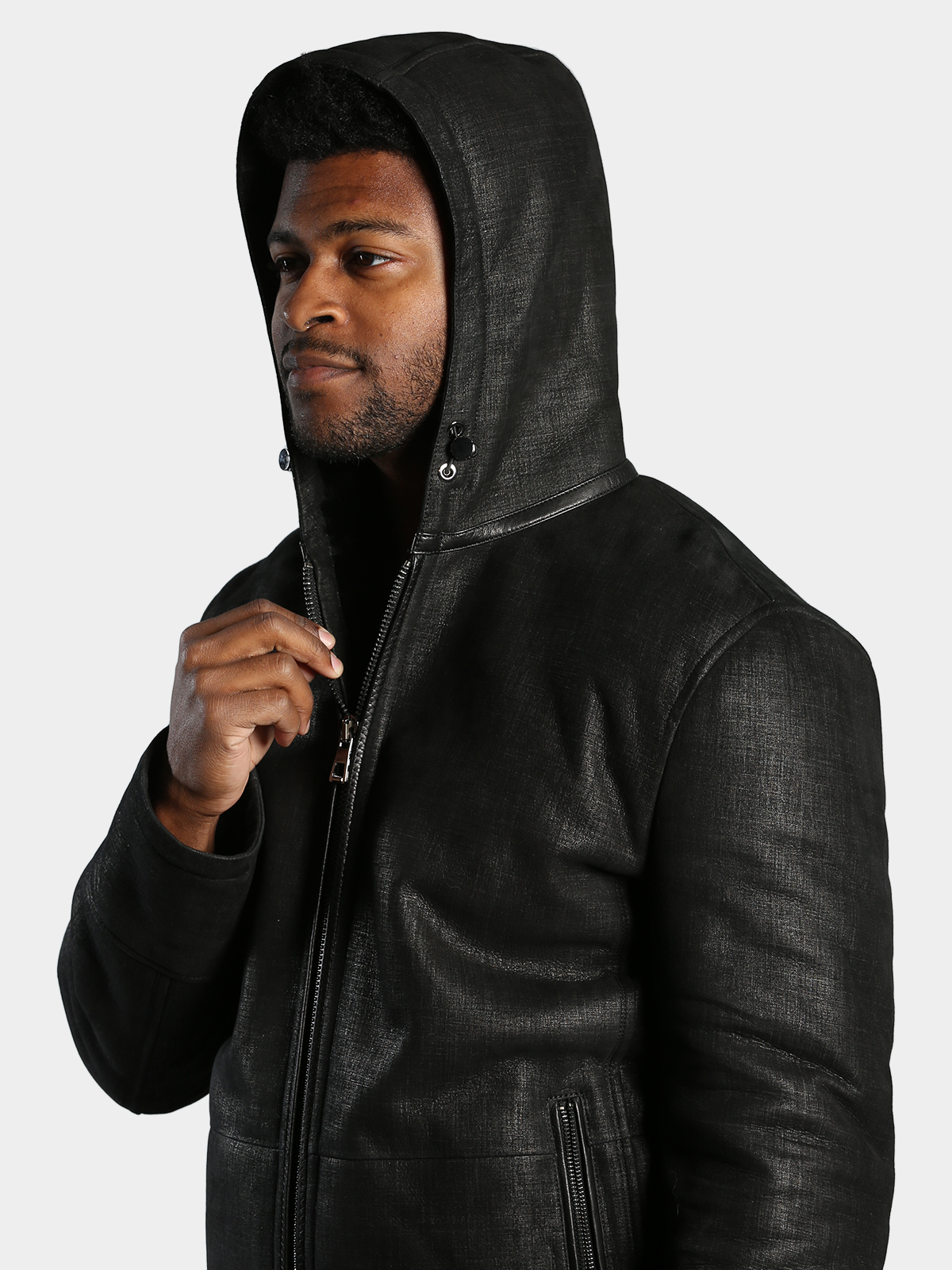 Man's Black Textured Eclipse Design Shearling Jacket with Hood