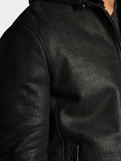 Man's Black Textured Eclipse Design Shearling Jacket with Hood