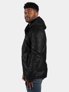 Man's Black Textured Eclipse Design Shearling Jacket with Hood