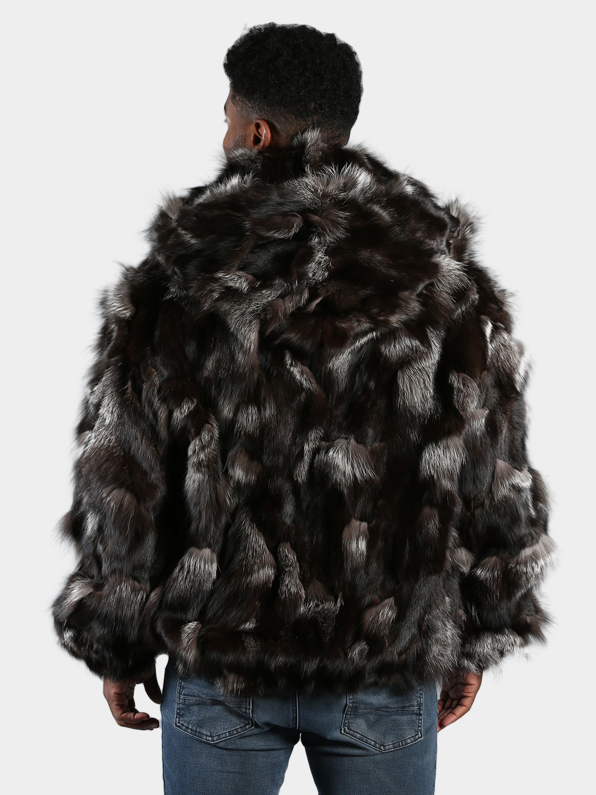 Man's Natural Silver And Black Fox Fur Bomber Jacker With Hood - Day Furs