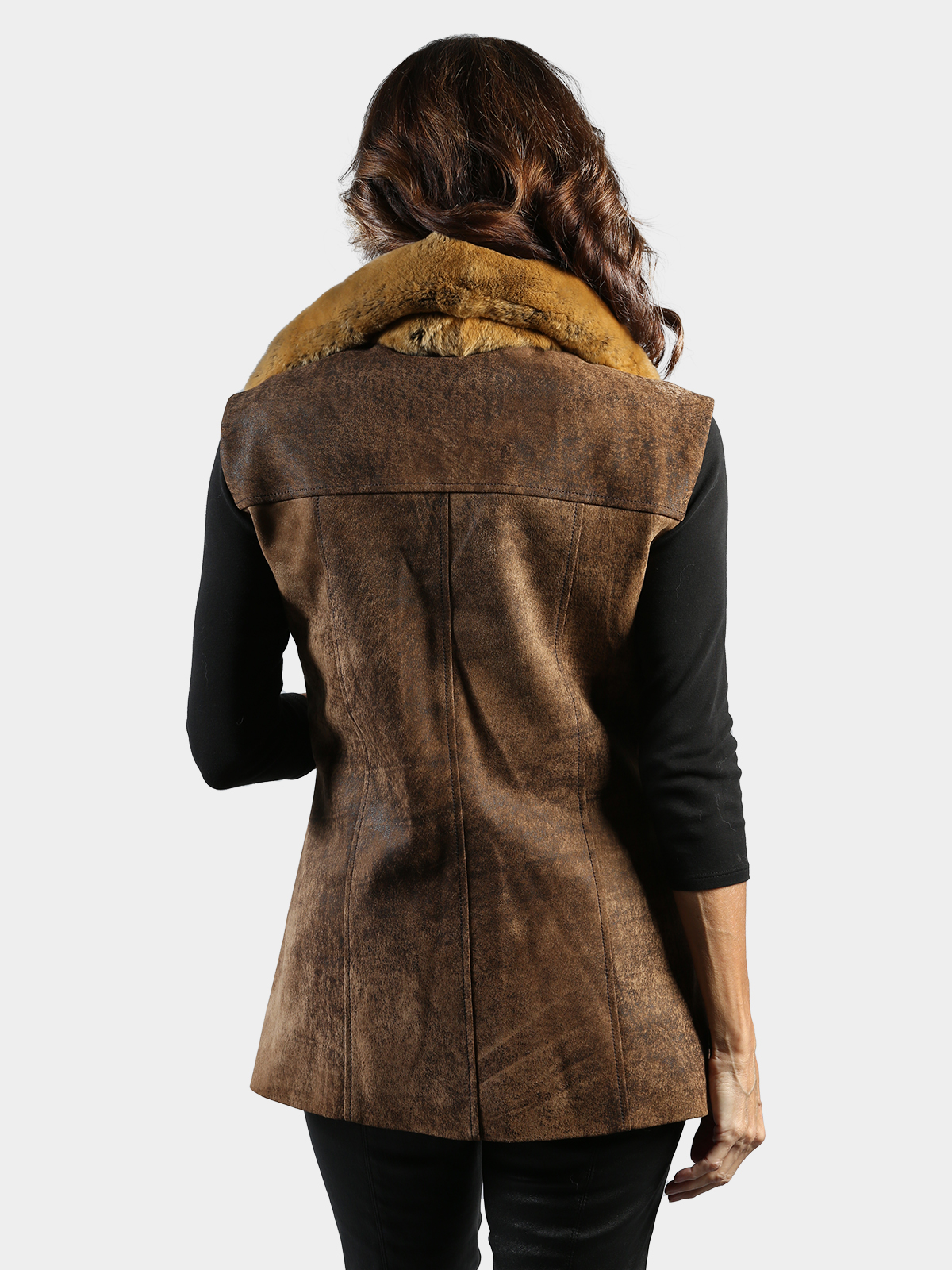 Brown Distressed Leather Vest with Camel Rex Rabbit Collar and Tuxedo ...