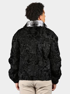 Man's Black Persian Lamb Fur Jacket With Chinchilla Collar