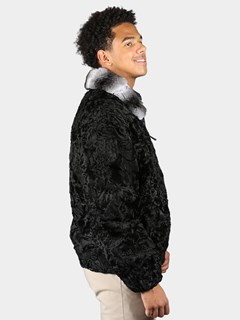 Man's Black Persian Lamb Fur Jacket With Chinchilla Collar