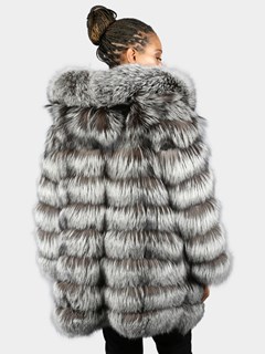 Woman's Natural Silver Fox Fur Jacket With Hood