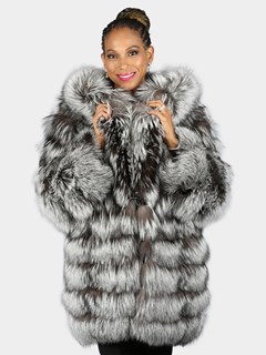 Woman's Natural Silver Fox Fur Jacket With Hood