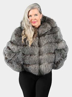 Woman's Natural Silver Fox Fur Jacket With Hood