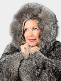 Woman's Natural Silver Fox Fur Jacket With Hood