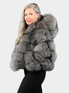 Woman's Natural Silver Fox Fur Jacket With Hood