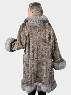 Woman's Grey 3/4 Section Mink Fur Coat With Natural Silver Fox Trim