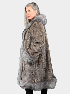 Woman's Grey 3/4 Section Mink Fur Coat With Natural Silver Fox Trim