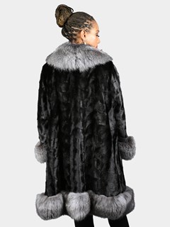 Woman's Black 3/4 Section Mink Fur Coat With Natural Silver Fox Trim