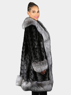 Woman's Black 3/4 Section Mink Fur Coat With Natural Silver Fox Trim