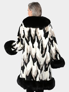 Woman's Black White And Grey 3/4 Section Mink Fur Coat With Black Fox Trim