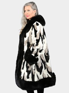 Woman's Black White And Grey 3/4 Section Mink Fur Coat With Black Fox Trim