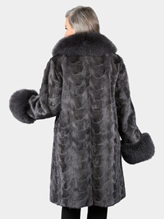 Woman's Grey 3/4 Section Mink Fur Coat With Dark Grey Fox Trim