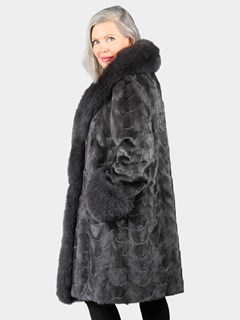 Woman's Grey 3/4 Section Mink Fur Coat With Dark Grey Fox Trim