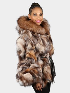 Woman's Natural Section Crystal Fox Fur Poncho With Hood