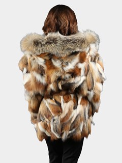 Woman's Natural Section Red Fox Fur Poncho With Hood