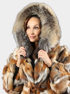 Woman's Natural Section Red Fox Fur Poncho With Hood