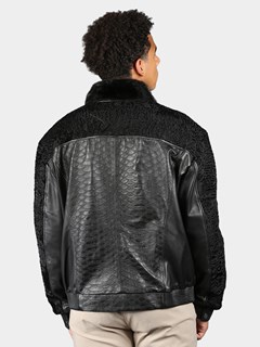 Man's Black Print Leather Jacket With Persian Lamb Collar