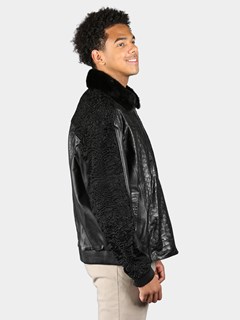 Man's Black Print Leather Jacket With Persian Lamb Collar