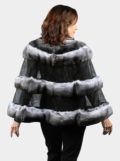 Woman's Black Lace Tulle Fabric Shawl with Natural Chinchilla Fur Accessories