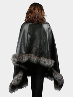 Woman's Black Leather Shawl with Natural Silver Fox Fur Trim