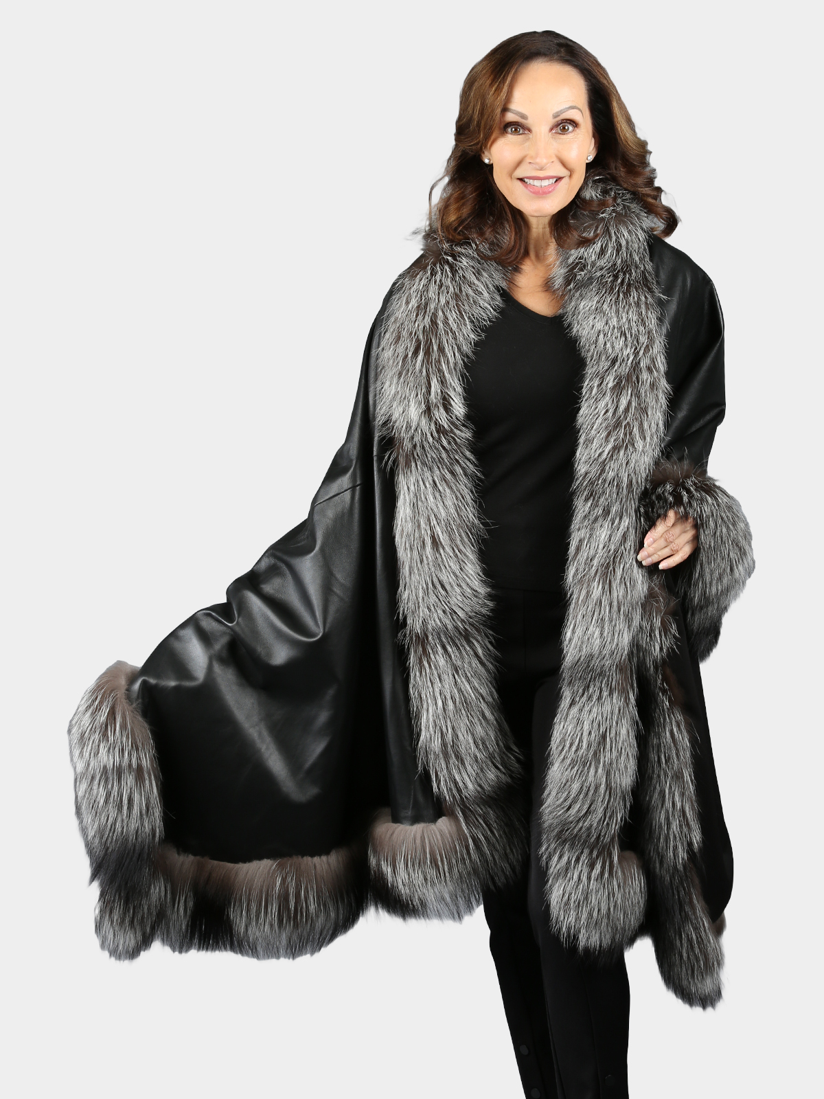 Woman's Black Leather Shawl with Natural Silver Fox Fur Trim