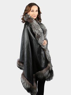 Woman's Black Leather Shawl with Natural Silver Fox Fur Trim