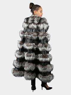 Woman's Black Leather Long Poncho with Natural Silver Fox Fur 