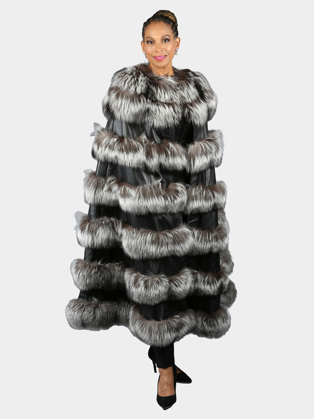 Woman's Black Leather Long Poncho with Natural Silver Fox Fur 