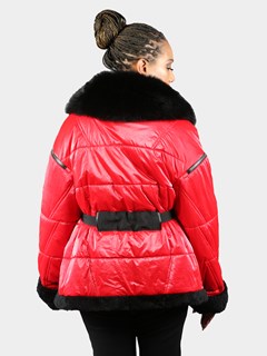 Woman's Red Fabric Jacket with Black Curly Lamb Fur Collar Cuffs And Trim