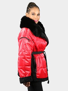 Woman's Red Fabric Jacket with Black Curly Lamb Fur Collar Cuffs And Trim